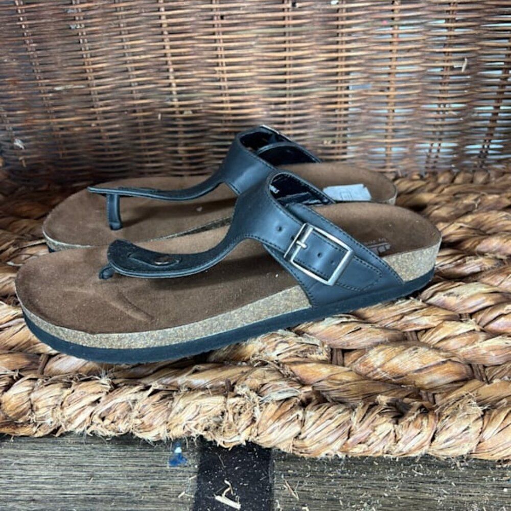 Cliffs by WHITE MOUNTAIN Men's Navy Blue &‎ Brown T-Strap Flat Sandals Size 8.5